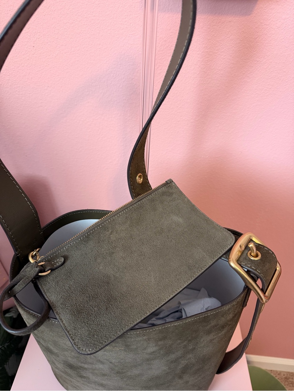 COACH Olive Green Suede Bleeker Bucket Shoulder and Crossbody Bag - Picture 4 of 9